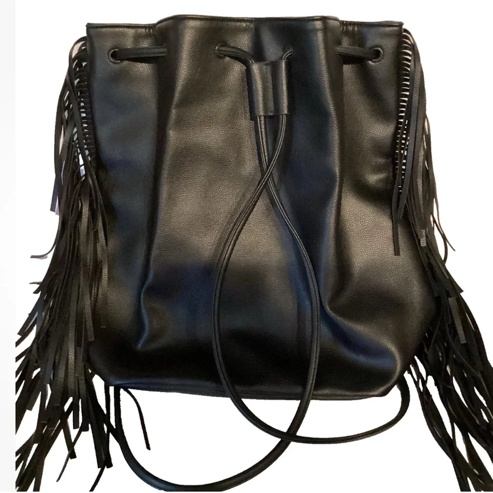 Large Victoria’s Secret Black Fringe Drawstring Backpack Vegan Leather 15” x 14”